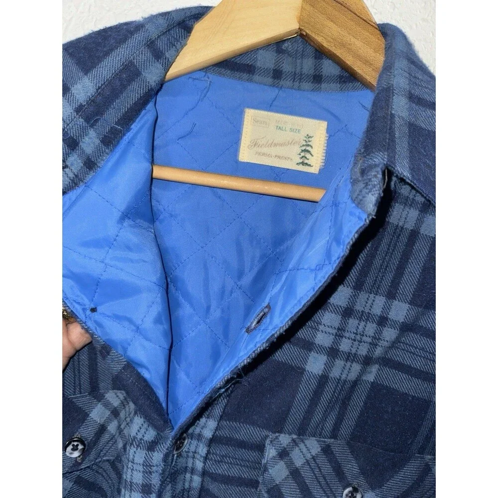 Vtg 80s Sears Fieldmaster Perma-Prest USA Men's Medium Tall Blue Plaid Lined EUC